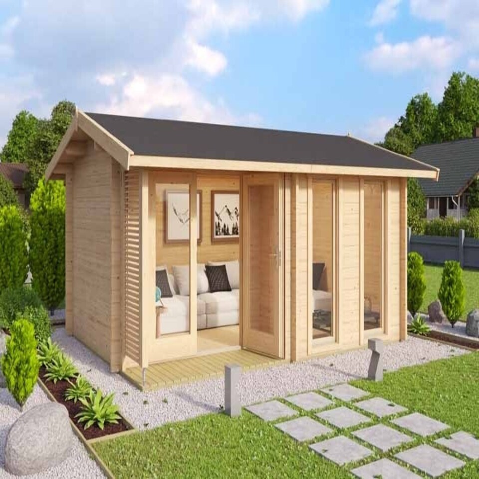 image 1 of Hampshire-Log Cabin, Wooden Garden Room, Timber Summerhouse, Home Office - L480 x W376.1 x H239.4 cm Brown