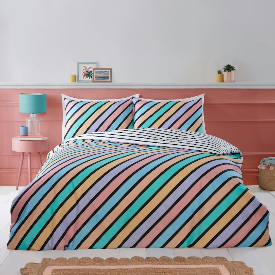 image 1 of Oxford Stripe Microfibre Reversible Duvet Cover Set with Pillowcase Green | Double