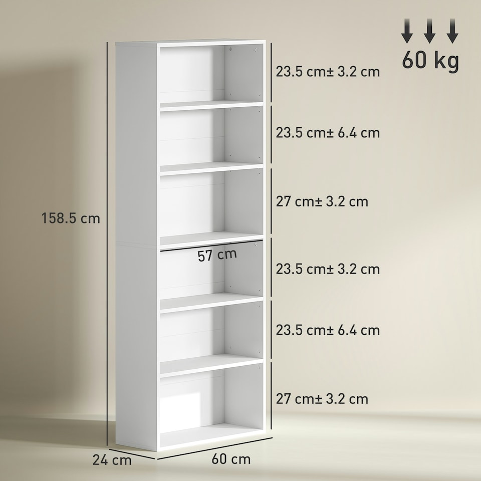 image 1 of HOMCOM 6 Tier Bookshelf, Freestanding Bookcase with Adjustable Shelves, White White