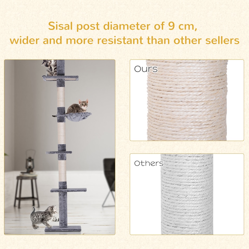 image 1 of PawHut Floor to Ceiling Cat Tree 5-Tier Climbing Tower Scratching Post