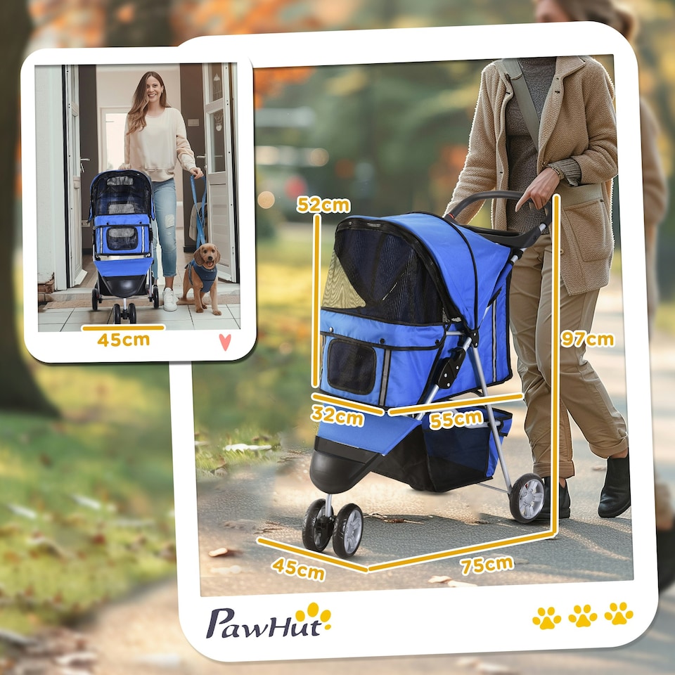image 1 of PawHut Pet Stroller Pushchair Carrier for Cat Puppy with 3 Wheels Blue
