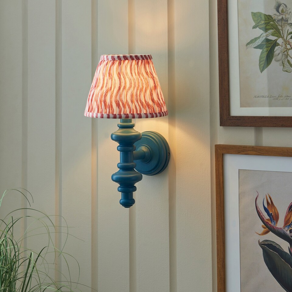 image 1 of Carnaby Satin Marlin Blue Paint Wall Light with Coral Pink Fabric Ripple Shade 20cm B22
