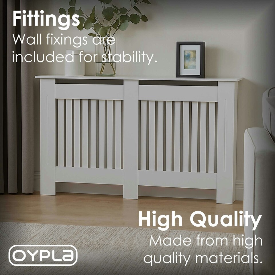 image 1 of Oypla Large White Wooden Slatted Grill Radiator Cover MDF Cabinet