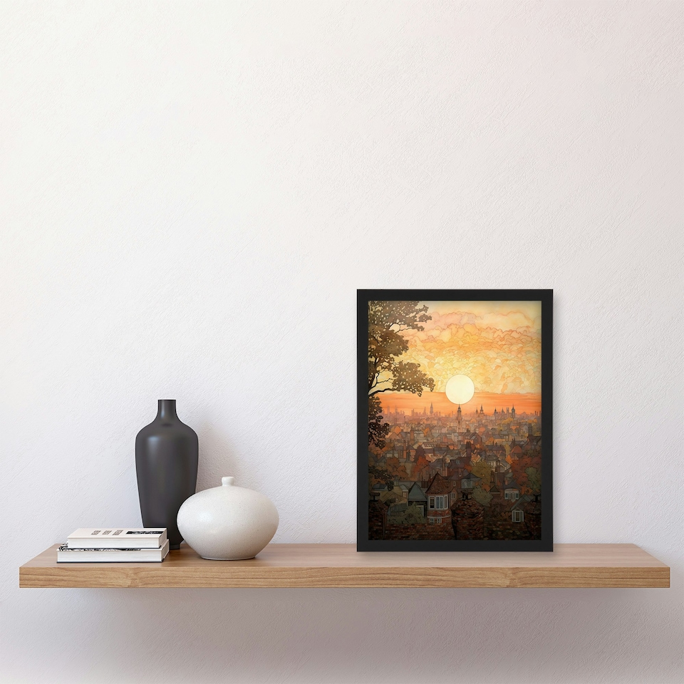 image 1 of Sunset Over Oxford City Watercolour Orange Black Framed Wall Art Print A4