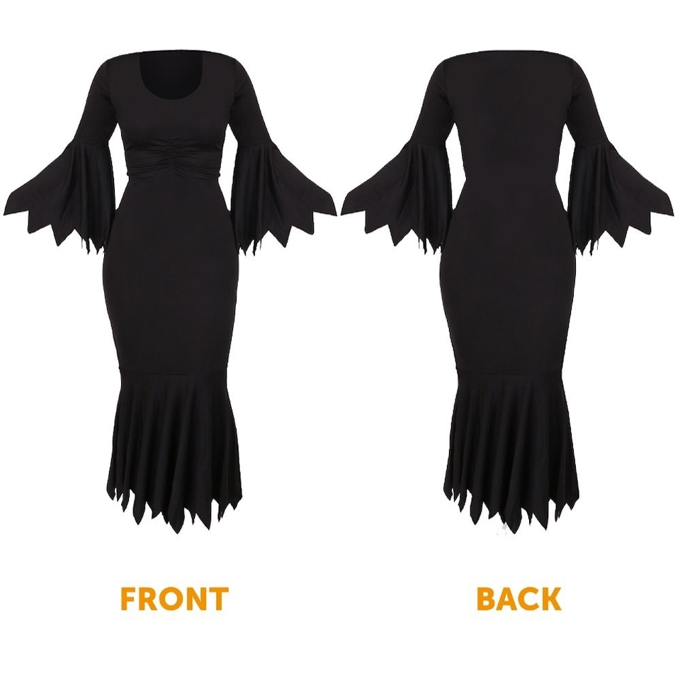 image 1 of Wicked Witch Halloween Costume - Cape, Dress, Hat & Face Paint Black | S
