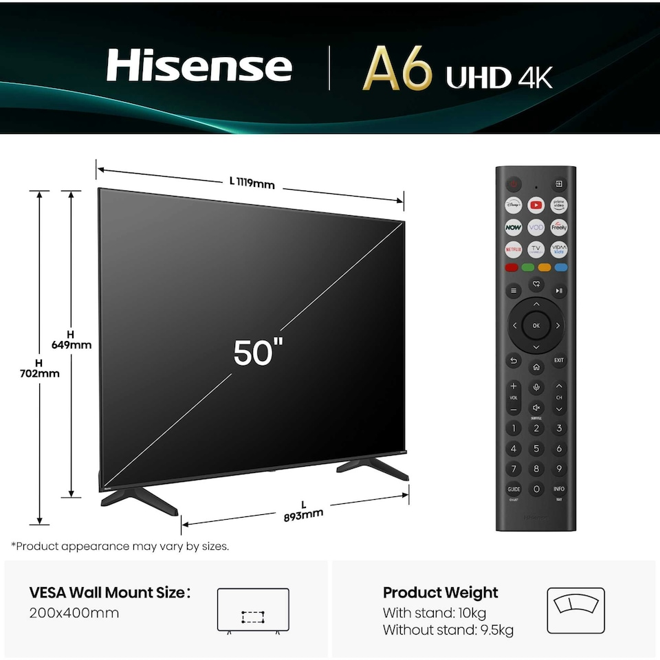 image 1 of Hisense A6QTUK 50" 4K Ultra HD LED Freely Smart TV - 50A6QTUK