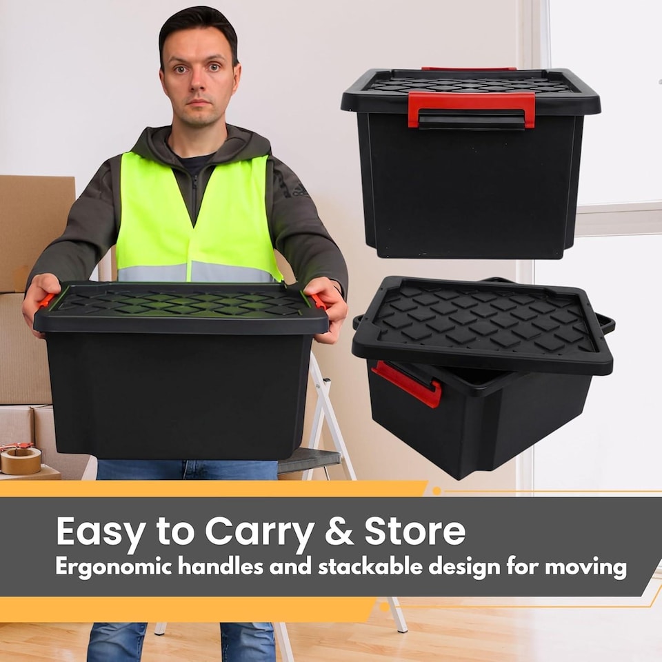 image 1 of 25L Small Heavy-Duty Storage Box with Lid 5 Pack with Handles Durable Plastic Clip Locks Stackable Garage & Outdoor Black