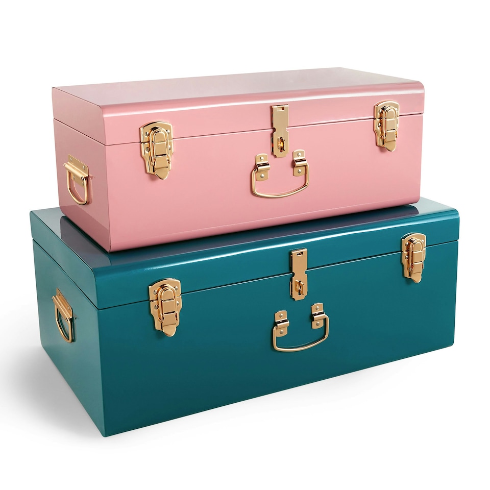 image 1 of BTFY Set of 2 Pink & Teal Stainless Steel Storage Trunks