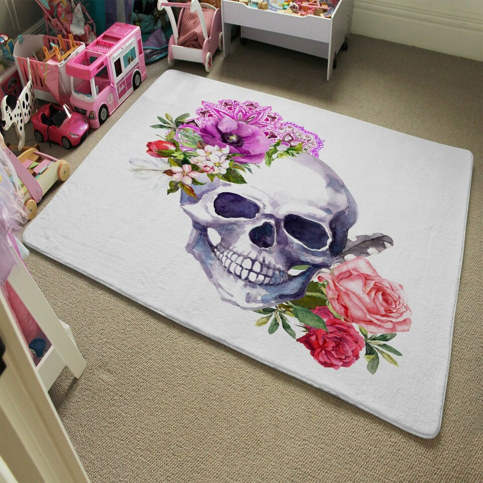 image 1 of Human skull with flowers (Rug) Pink | Large: 140x200cm