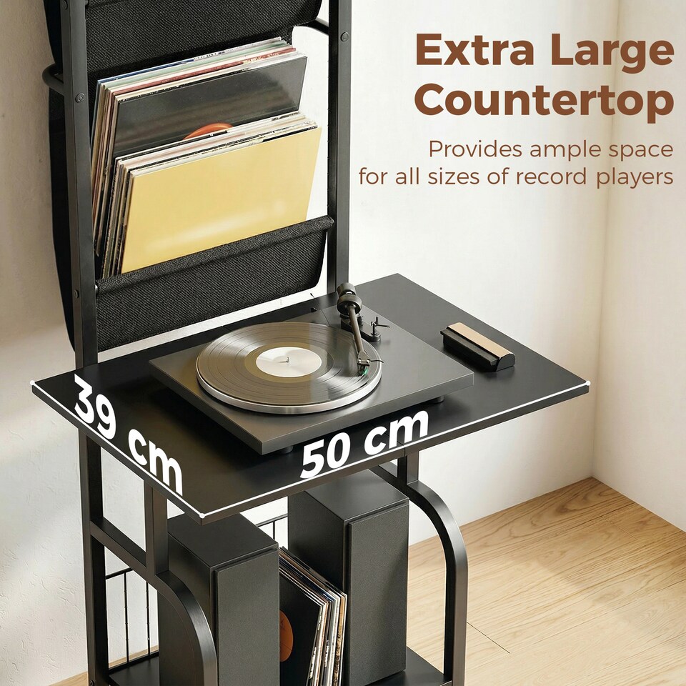 image 1 of HOMCOM Vinyl Record Player Stand with Oxford Pockets, Black