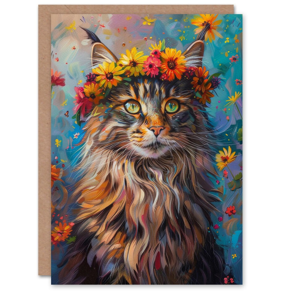 image 1 of Cat Lover Maine Coon Flower Crown Woman Her Birthday Card