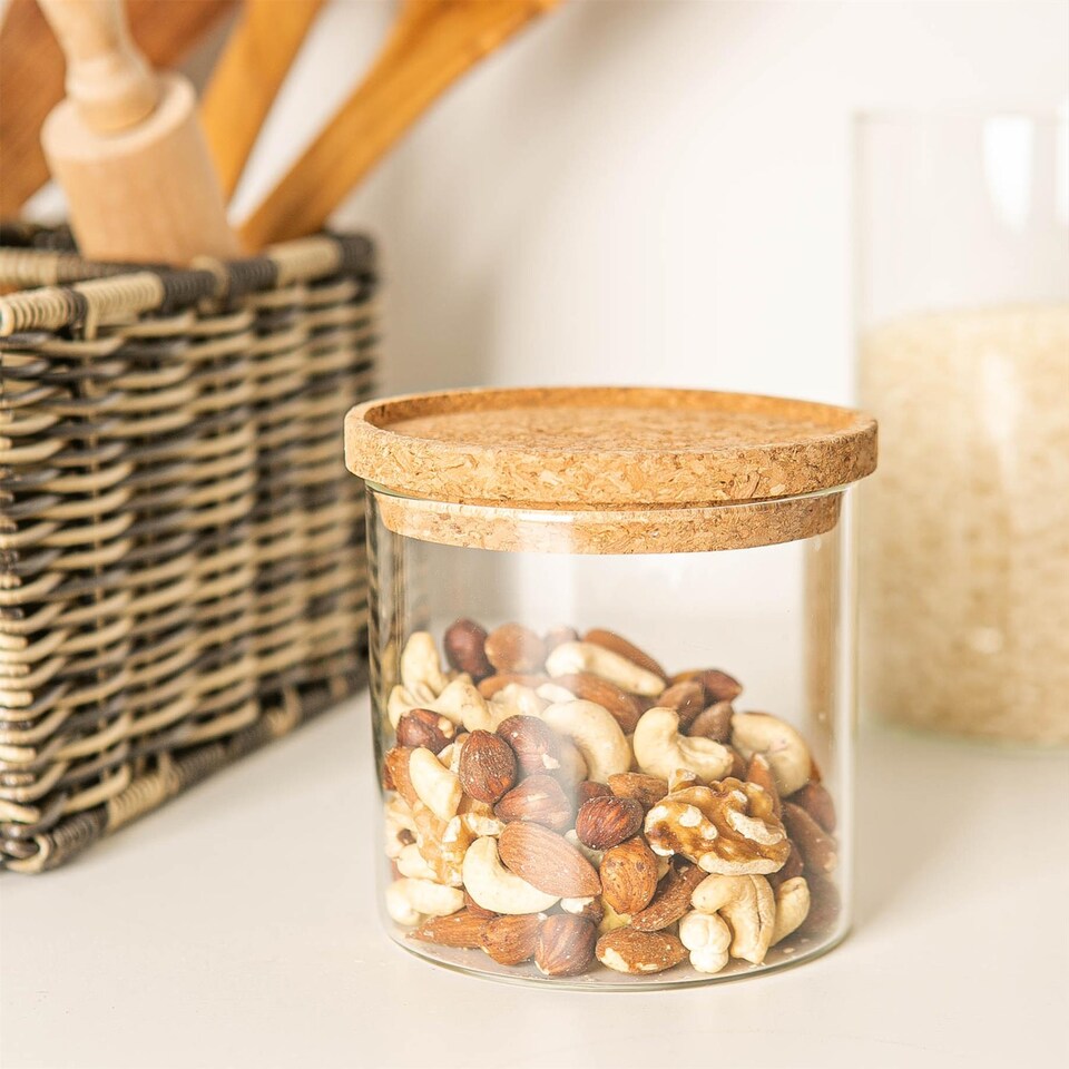 image 1 of Argon Tableware Glass Storage Jars - Cork Lid - 550ml - Modern Round Scandi Organisation Container Glass Jar - Set of 6