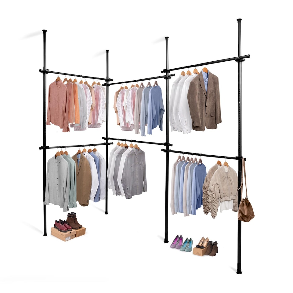 image 1 of House of Home Telescopic Clothes Rail Triple Wardrobe Hanging Rack Adjustable Storage Black | Black | Not provided