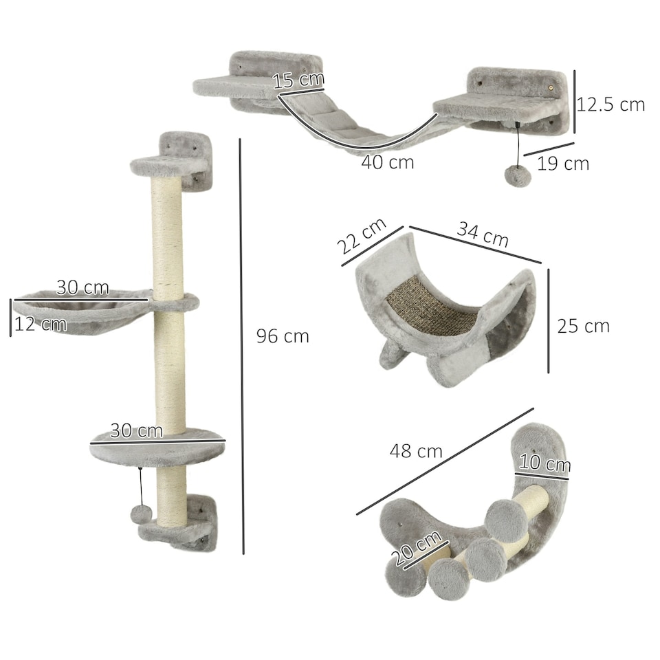 image 1 of PawHut 4 Piece Cat Wall Furniture Hammock Ladder Steps Plush Sisal Grey