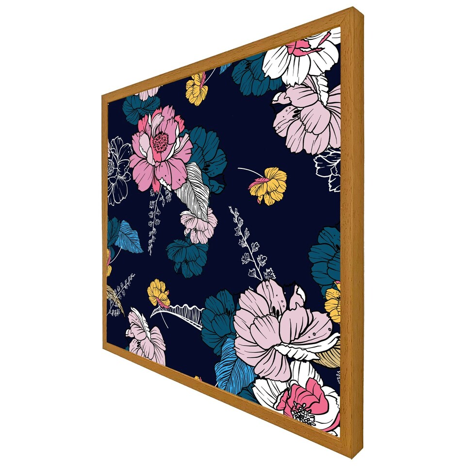 image 1 of Pink flowers on navy (Picture Frame) Brown | XL