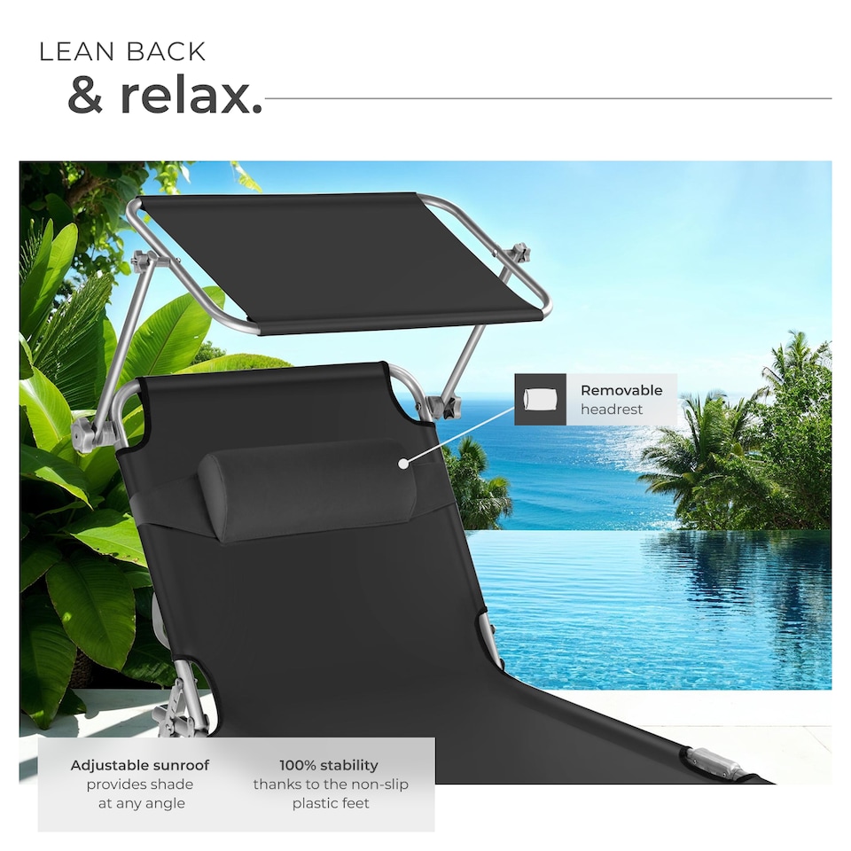 image 1 of Sun Loungers Set of 2 - foldable, sunroof, 4-step backrest, head cushion | Black | black | 2