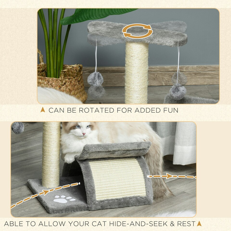 image 1 of PawHut Cat Tree Tower, Rotatable Top Bar, Sisal Post, Tunnel, Balls, Grey