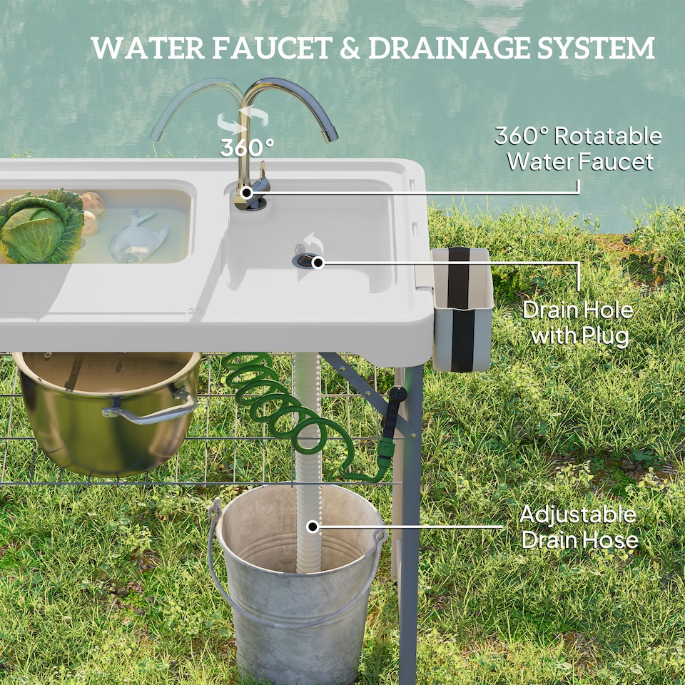 image 1 of Outsunny Folding Fish Cleaning Table Camping Sink Table with Faucet, White | White | White | 108L x 58W x 92H cm