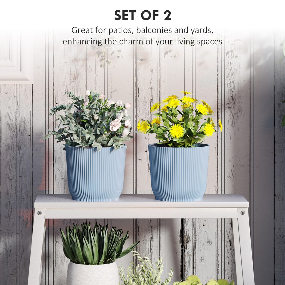 image 1 of Outsunny Set of 2 Round Plant Pots Outdoor 22cm for Garden Decoration, Blue | Blue | Blue | Ф22 x 20Hcm