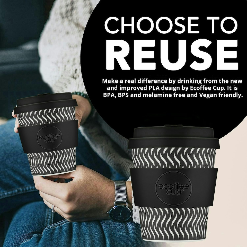 image 1 of Ecoffee Cup 8oz 240ml Reusable Eco-Friendly 100% Plant Based Coffee Cup with Silicone Lid & Sleeve - Melamine Free Travel Mug N/A | Spin Foam