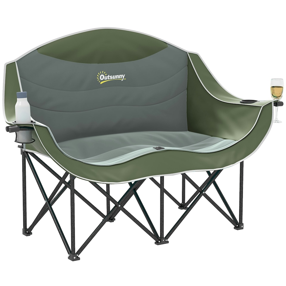 image 1 of Outsunny Double Camping Chair for Adults with Armrests, Cup Holders, Green Cream | Khaki