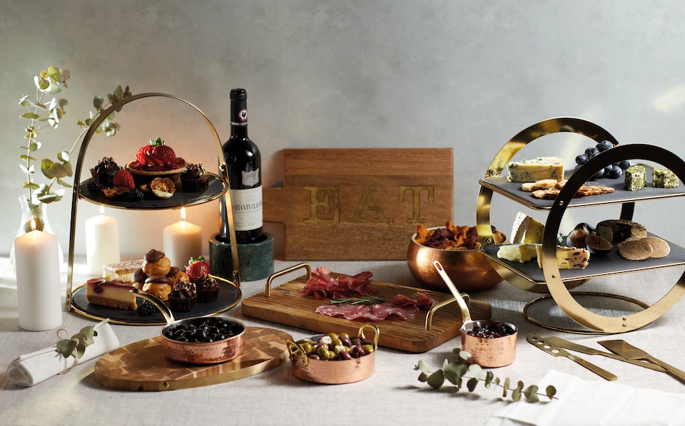 image 1 of Artesà 2-Tier Brass Geometric Serving Stand with Slate | Black