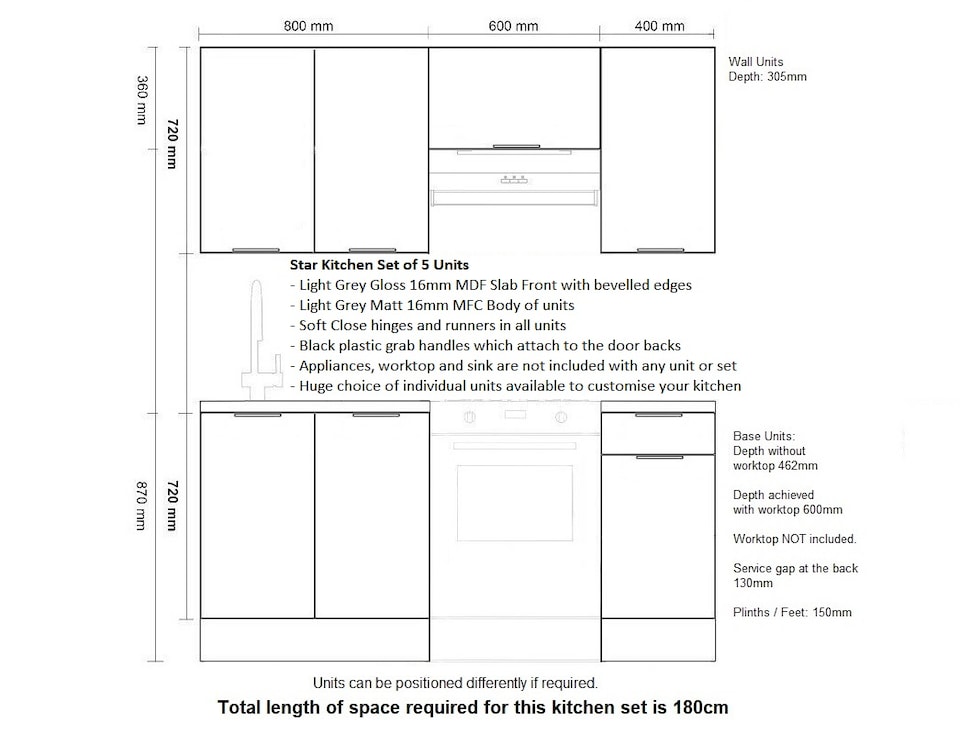 image 1 of Kitchen Cabinets 5 Unit Set Soft Close 180cm Modern Kitchenette Light Grey Gloss Storage Fitted Kitchen Star