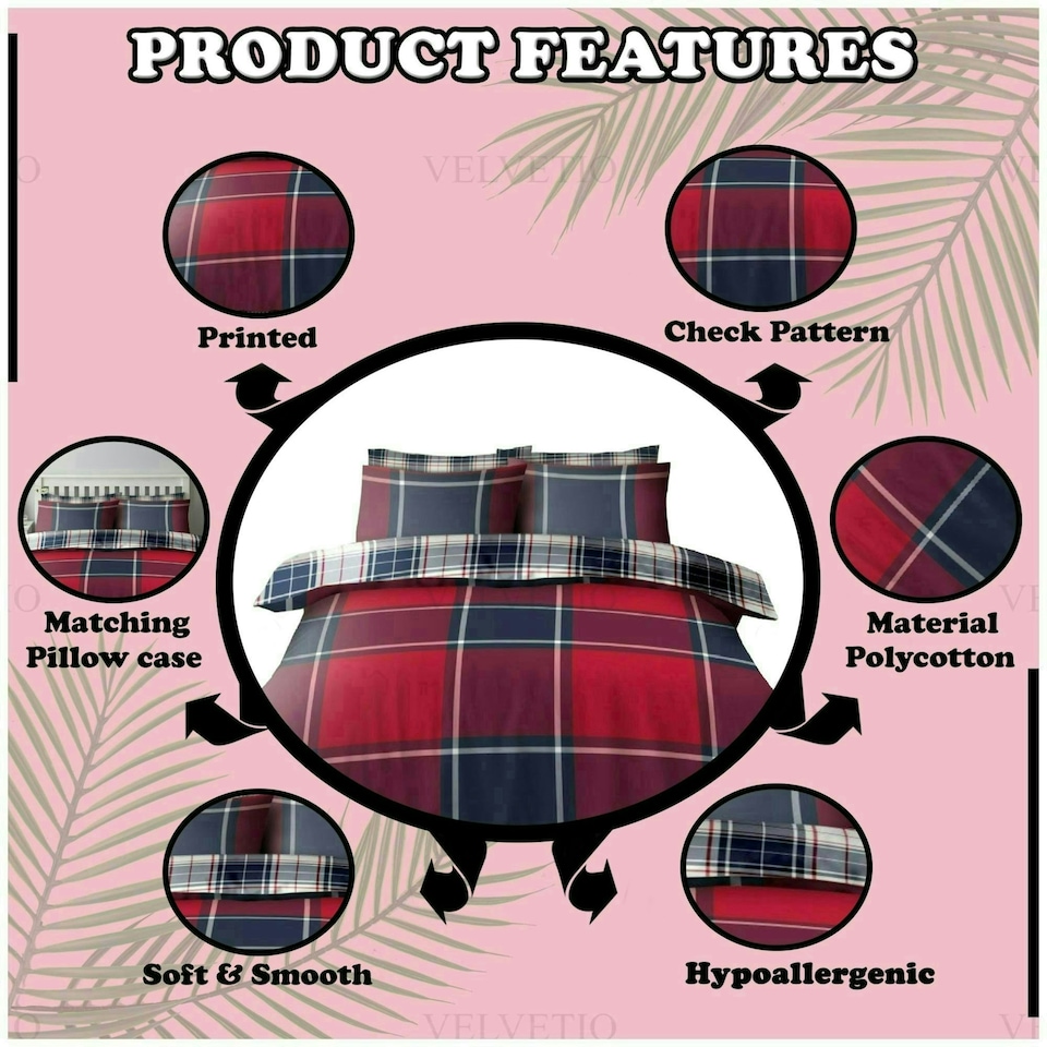 image 1 of VELVETIO Wimborne Check Duvet Cover Set Reversible Polycotton Easy Care Beddings Red | Double