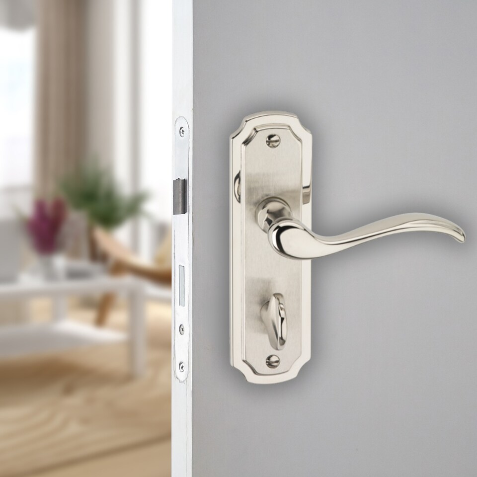 image 1 of Constance Metal Lever Latch Door Handles Set Rose Internal, External | Silver | 4x Satin Nickel Bathroom