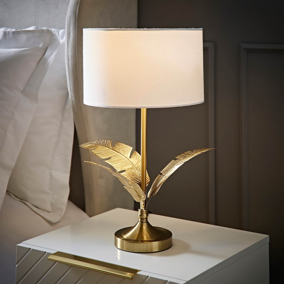 image 1 of ValueLights Christina Gold Palm Leaf Table Lamp White Shade and Bulb