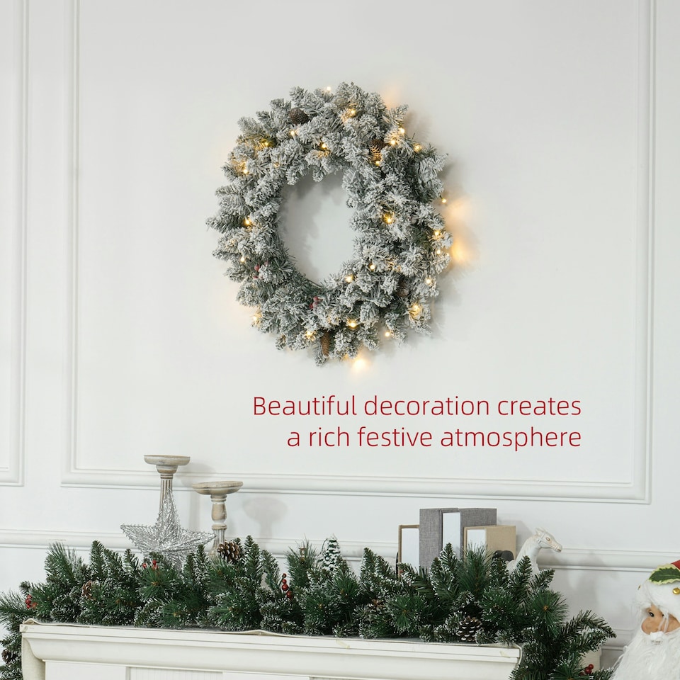 image 1 of HOMCOM 60cm Flocked Christmas Wreath with Lights Pine Cones Berries Green