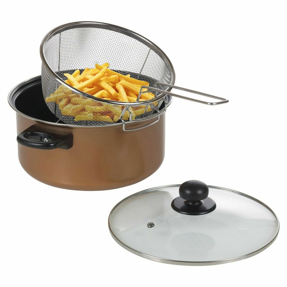 image 1 of 24cm 9 Non-Stick Chip Pan Deep Fat Fryer Cooking Pot with Frying Basket and Lid Set | Brown | 1