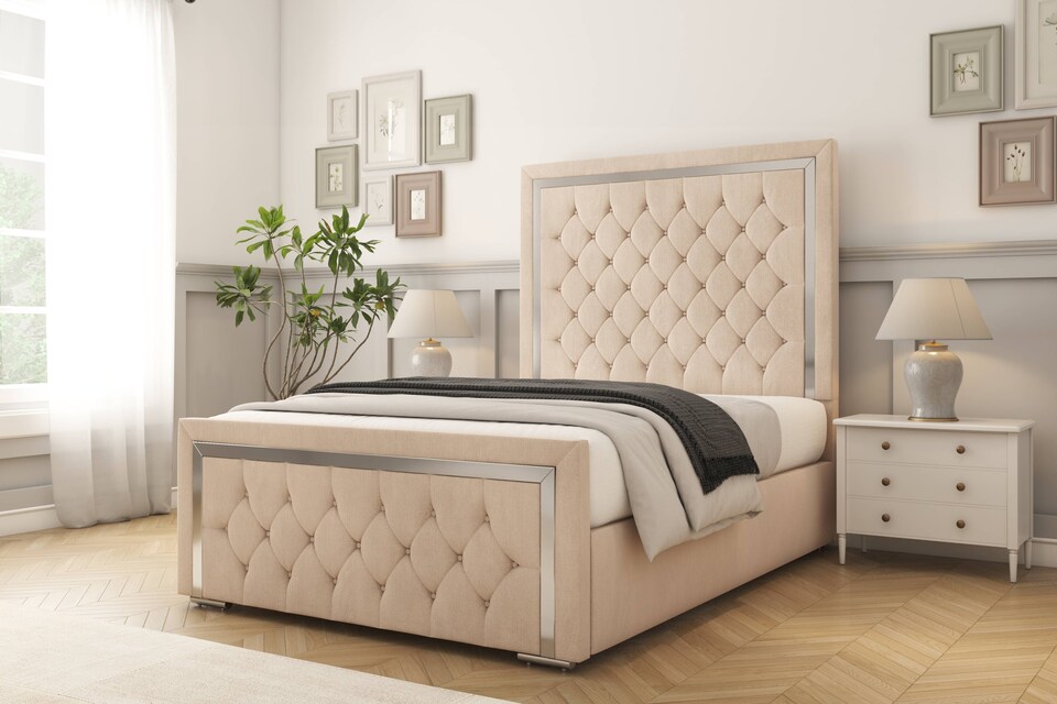 image 1 of Sloomy Sofia Chrome Sand Naples Bed Frame With Mattress With 50" Upholstered Headboard 6' Super King