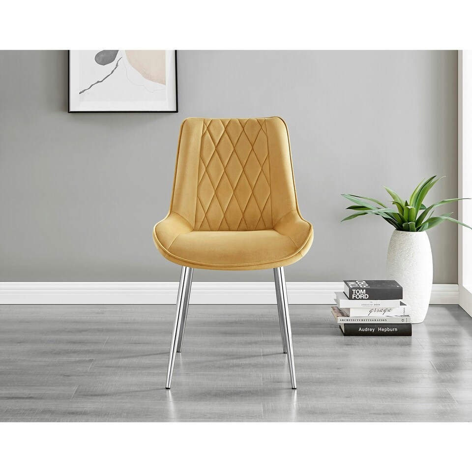 image 1 of Furniturebox 2x Pesaro Mustard Velvet Silver Leg Luxury Dining Chairs
