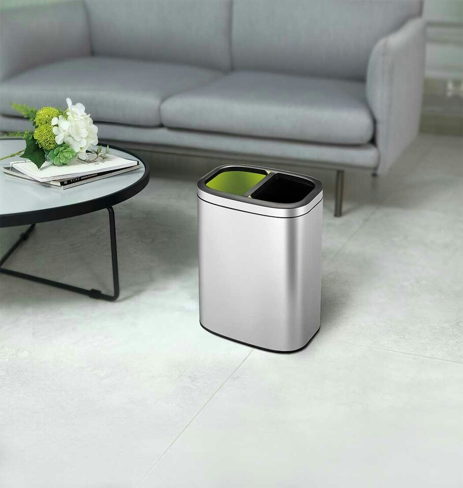 image 1 of EKO Oli-Cube 10L Open Top Recycling Bin 5+5 Litre, Modern Home Bathroom & Office Waste Bin, Stainless Steel