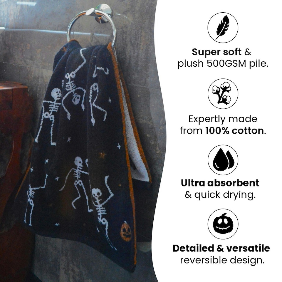 image 1 of Luxury Halloween Hand Towels Pack of 2 - 100% Cotton Spooky Tea Towels Black | Skeletons