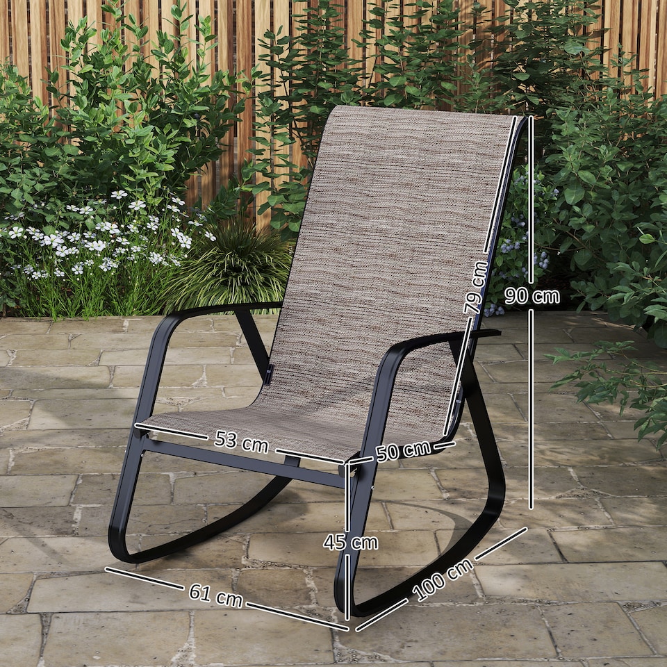 image 1 of Outsunny Garden Rocking Chair, Ergonomic Outdoor Rocking Chair with Armrests, High Backrest, Steel Frame Relaxing Rocker Armchair Seat for Patio, Balcony, Porch, Light Brown | Brown | Brown