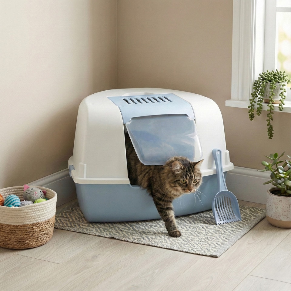 image 1 of Large Cat Corner Litter Tray Hooded Deep Cover Toilet Flap Box with Filter & Scoop | Blue | Light Blue | 1