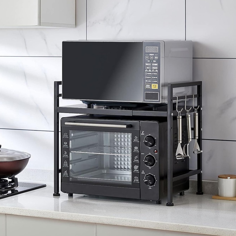 image 1 of Living and Home 2 Tier Expandable Microwave Oven Rack | Black | 2 Tier