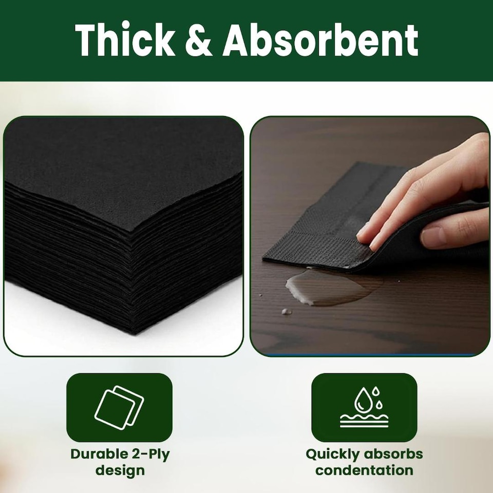 image 1 of ECONX Black 2 Ply 4 Fold Paper Napkins Tissue Serviettes for Birthdays Weddings Parties 1000PK