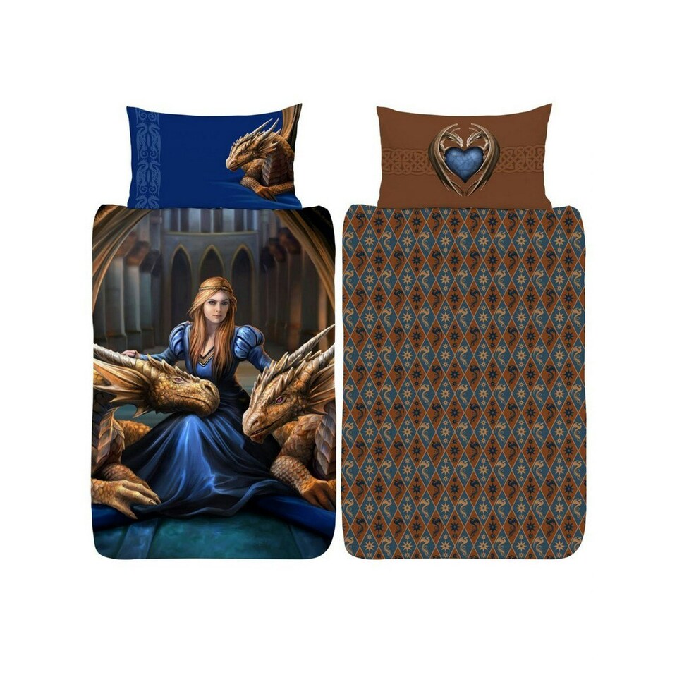 image 1 of Anne Stokes Fierce Loyalty Dragon Duvet Cover Set - Blue/Brown - Single Blue | Single