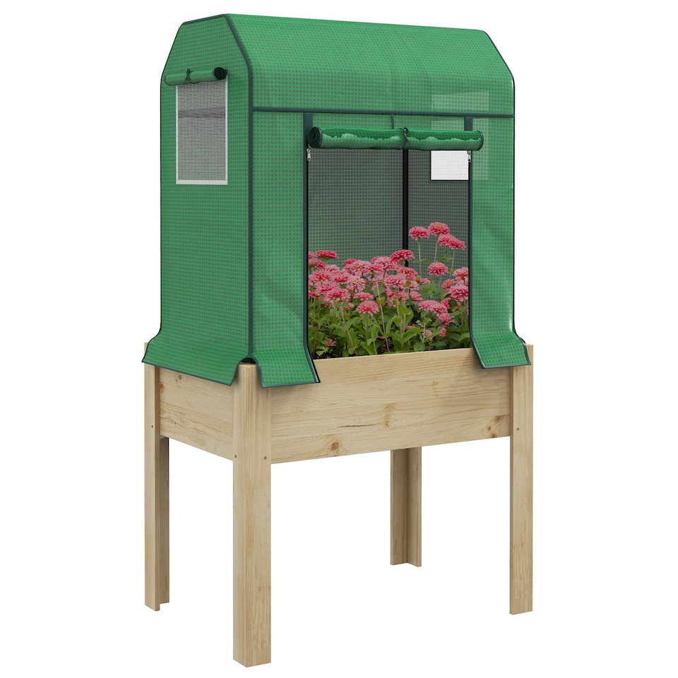 image 1 of Outsunny Wooden Raised Planter with PE Greenhouse Cover and Bed Liner