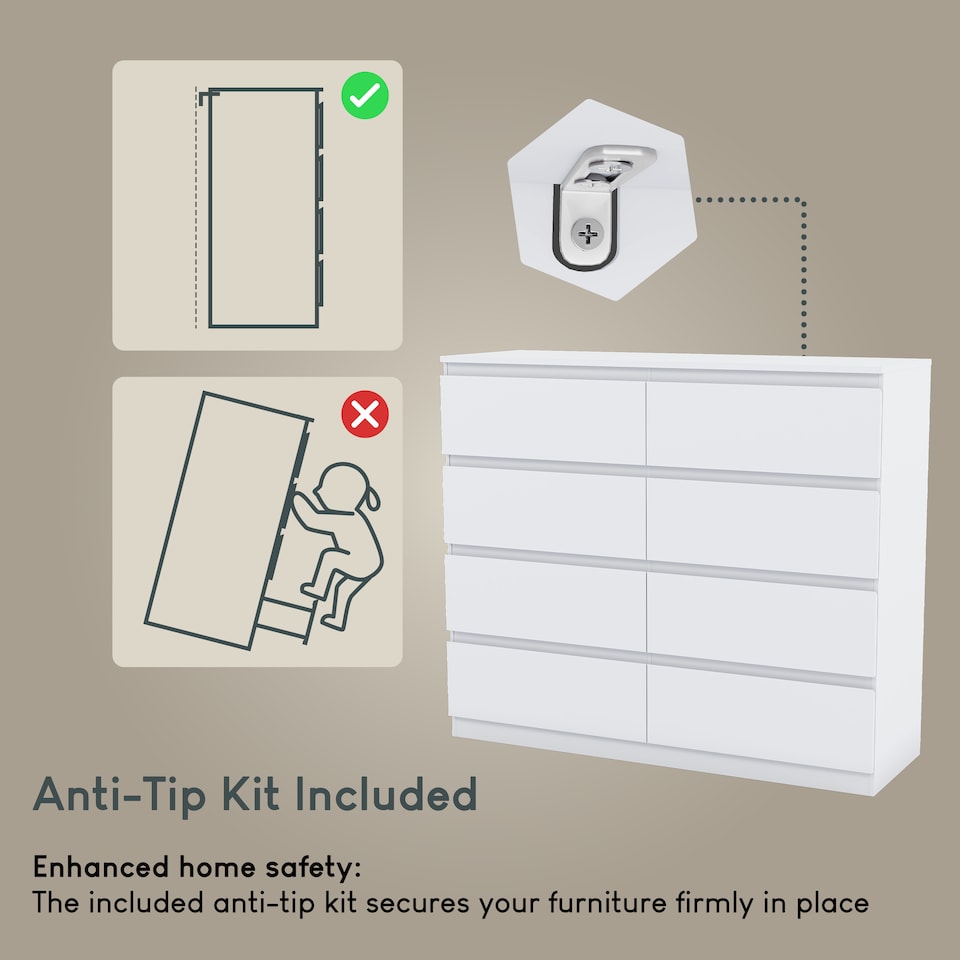 image 1 of Vida Designs Denver 8 Drawer Chest of Drawers Bedroom Storage, White