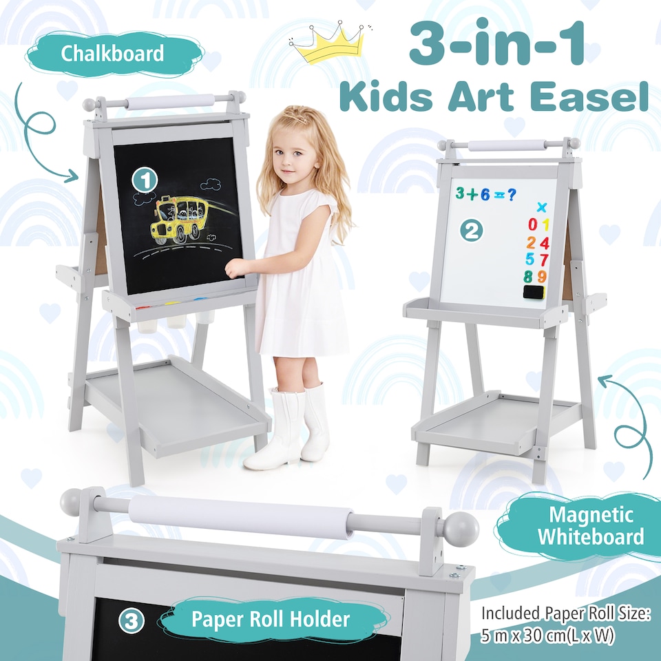 image 1 of COSTWAY Foldable Easel Kids 3-in-1 Double-sided Art Easel w/Chalkboard-Grey