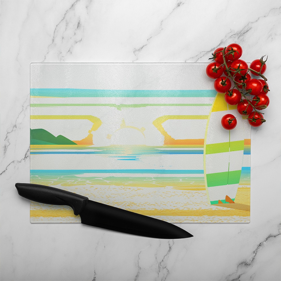 image 1 of Surf Board On Beach Glass Chopping Board | Multi