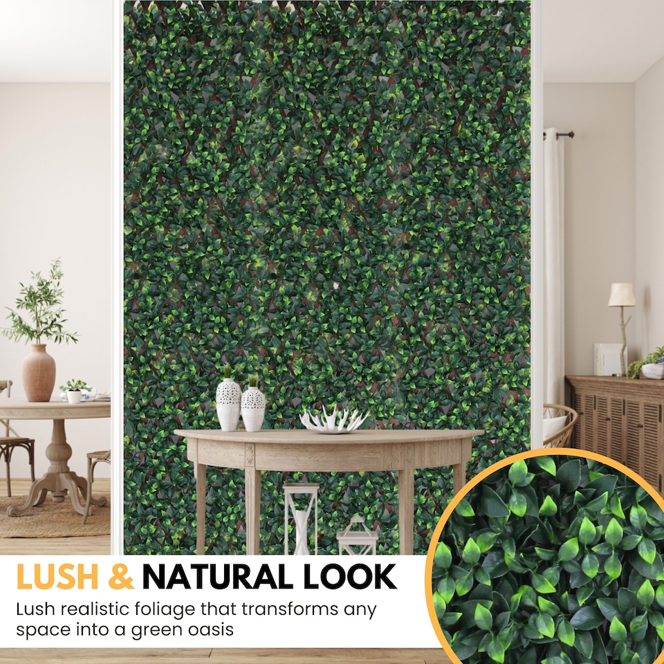 image 1 of Expanding Trellis With Artificial Leaves and Flowers - Ficus Leaf Garden Hedge Balcony Privacy Screening Panel | Green | Green | L | 1
