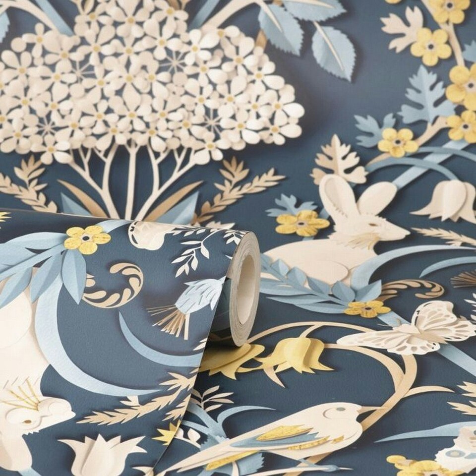 image 1 of Fine Decor Woodland Wallpaper - Navy - 10m x 53cm