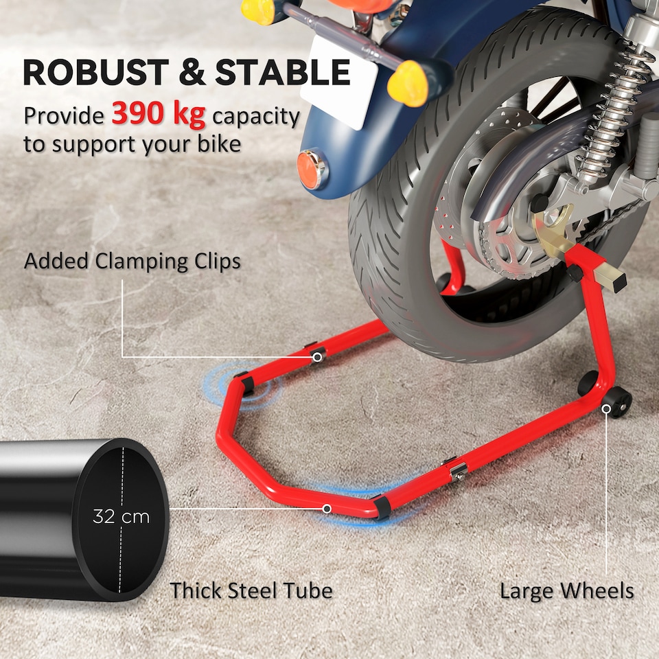 image 1 of HOMCOM Motorcycle Stand Lift, 390 kg Capacity Convertible Front/Rear Motorbike Motorcycle Paddock Lift Stand with Adjustable U+L Fork Pin Adaptors, Wheels, Clamping Clips, Red