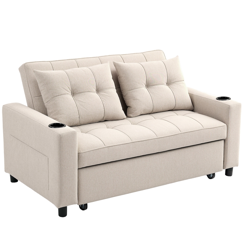 image 1 of HOMCOM 2 Seater Pull Out Sofa Bed with Pockets for Living Room Beige