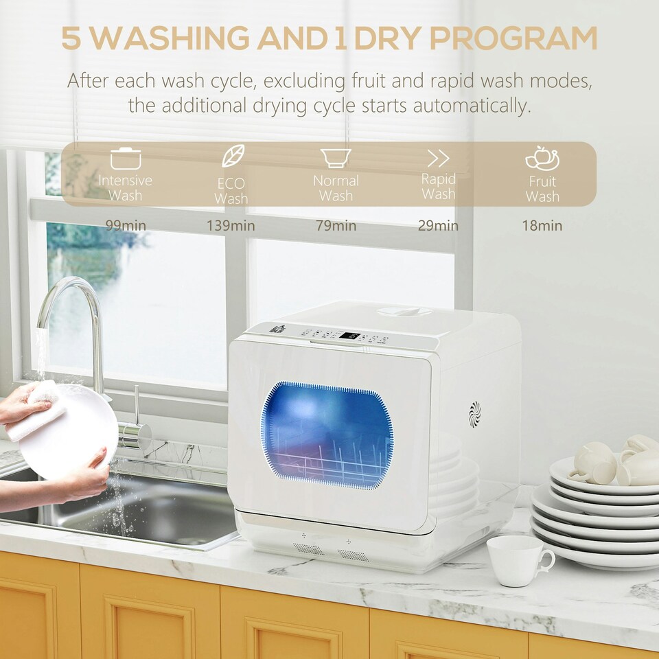 image 1 of HOMCOM Worktop Dishwasher w/ 4 Place Settings 6 Programs, White